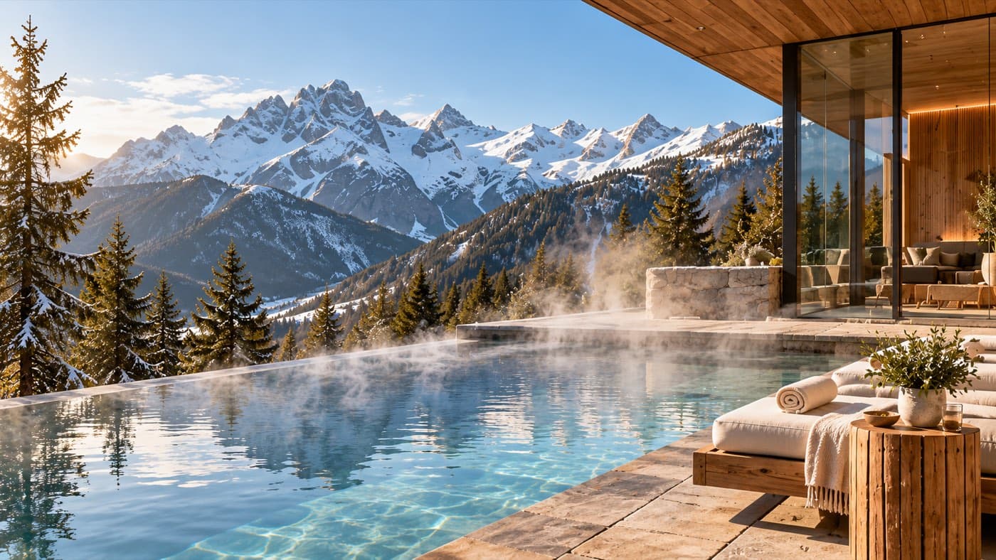 Steaming outdoor pool facing snowy mountains