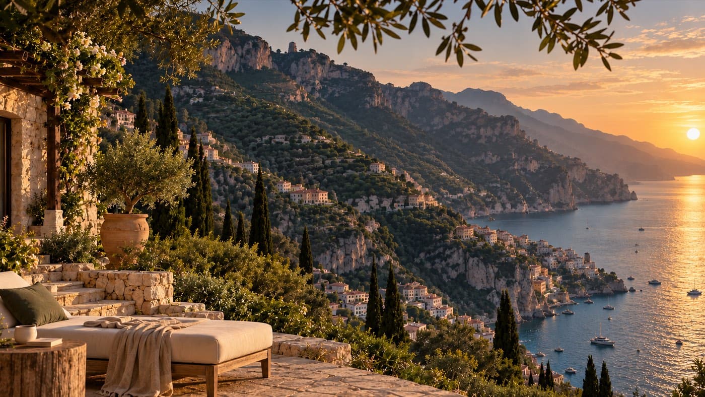 Stone terrace with a daybed above a coastal village at sunset