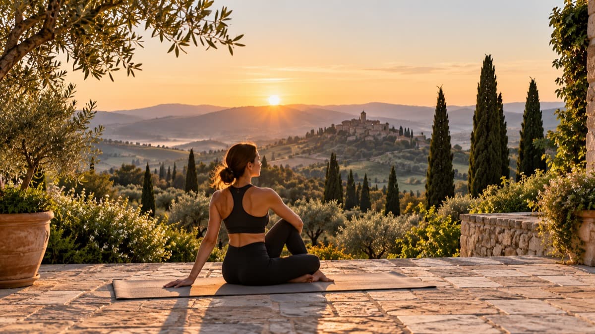 Person stretching on a terrace at sunset