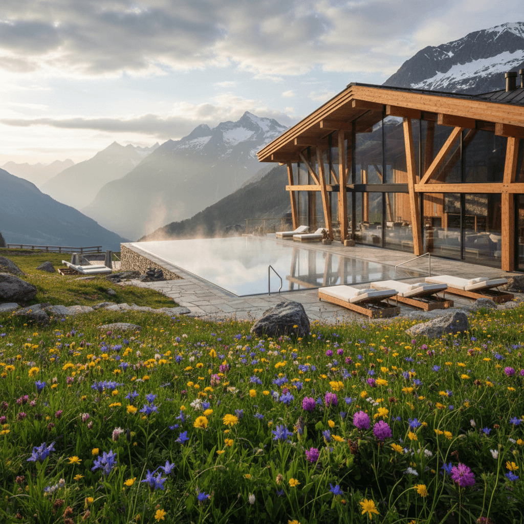 Alpine wellness retreat with an outdoor pool and mountain view